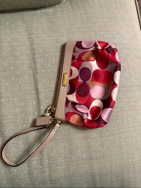Coach Multicolor Red and Pink Signature Wristlet with Taupe Trim